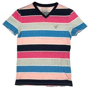 American Eagle Striped V-Neck 100% Cotton Short Sleeve T-Shirt